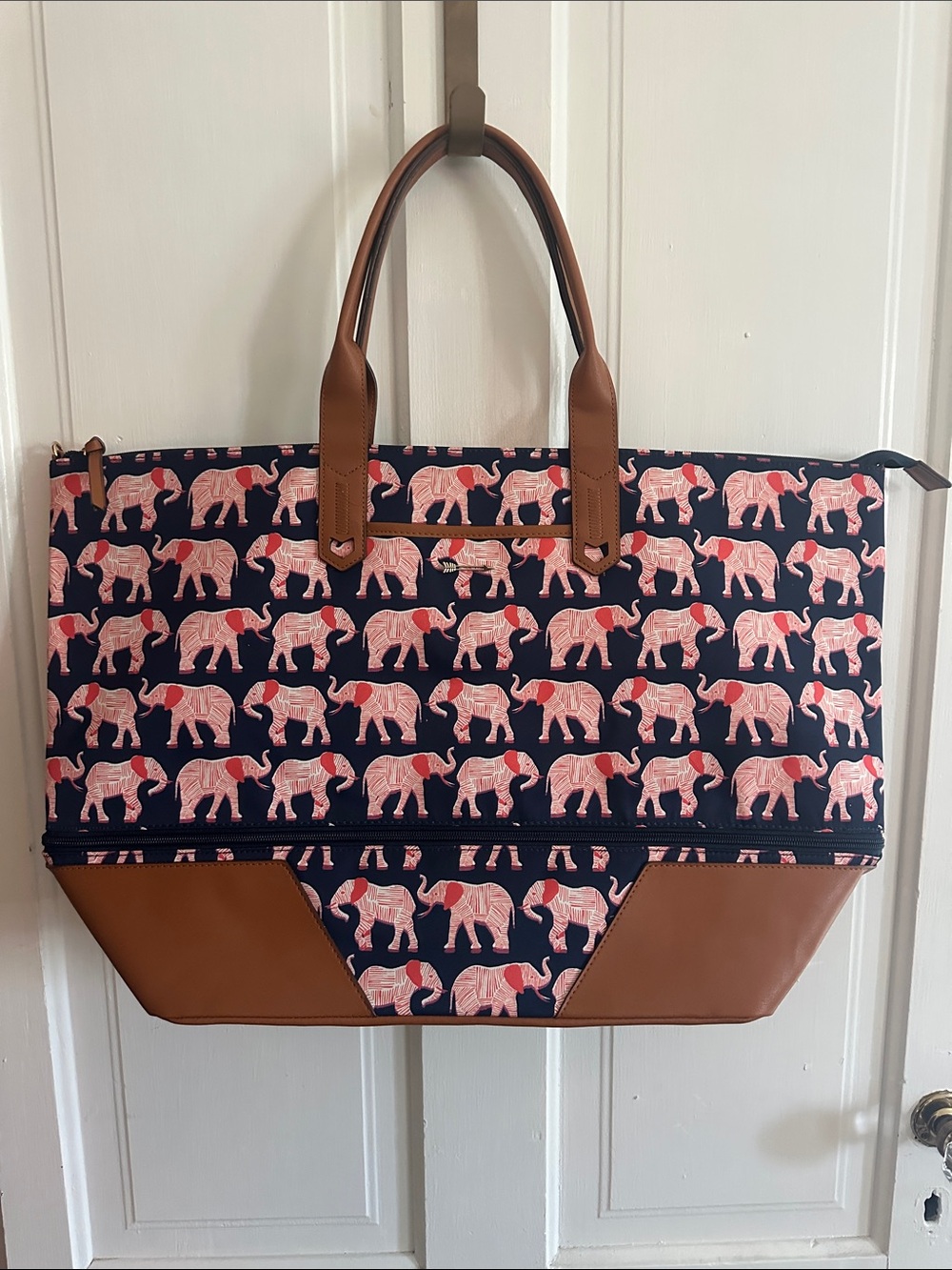 Stella & Dot Navy Tote with Pink Elephant Pattern and Brown Trim